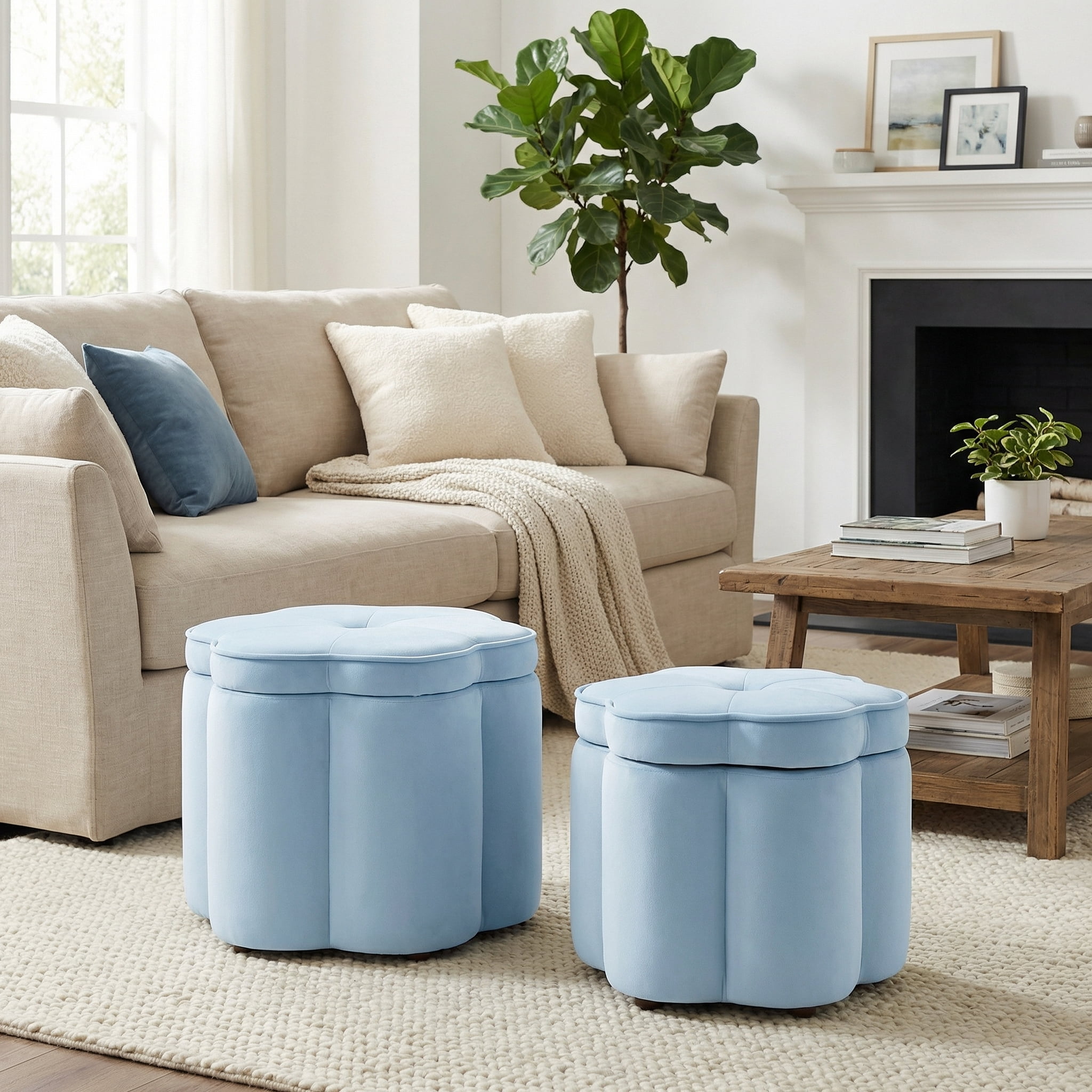 Aukfa 24" Set of 2 Round Storage Ottomans, Flower-Shaped Nesting Pouf Footrest Stools for Living Room, Bedroom, Dorm, Blue