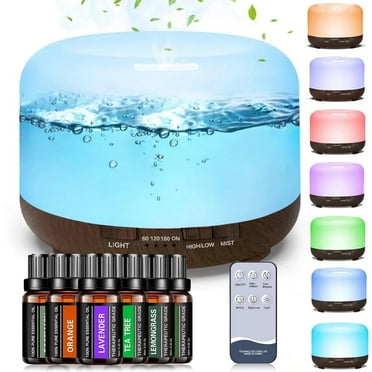 Fimilo 500ml Essential Oil Diffuser with 6*10ml Essential Oils Set, Black Woodgrain Aroma Air Humidifier with Remote Control for Bedroom Home Office, Waterless Auto Shut-Off