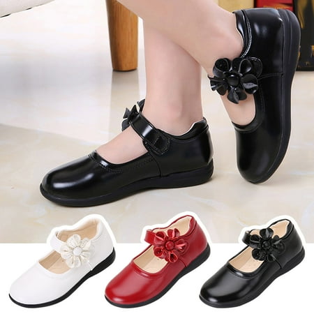 Jinhomg Girls Mary Janes Shoes Kids Cute Floral Strap Flats Pu Leather Closed Toe formal Slip-On School Uniform Dress Princess Shoes Black 30