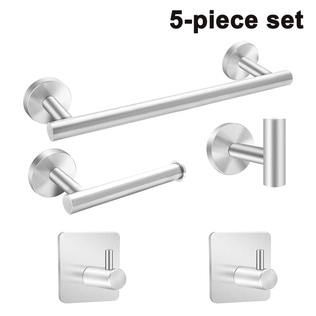 Juego de accesorios de baño Juego de accesorios de baño de acero inoxidable de 5 piezas Barra de toalla de mano alargada + Soporte de papel higiénico + 3 ganchos para toallas de bata MFZFUKR 2035068-1