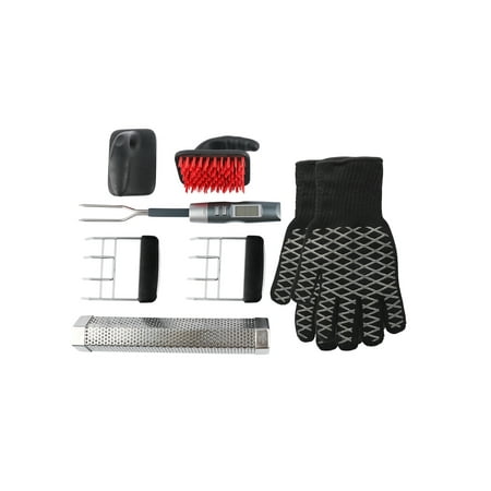 PitMaster King8pc Smoker & Grill Set with EN407 Certified 932F Heat Resistant Gloves, BBQ Fork & Thermometer, Pellet Smoker Tube, Meat Claws, Grill Brushes