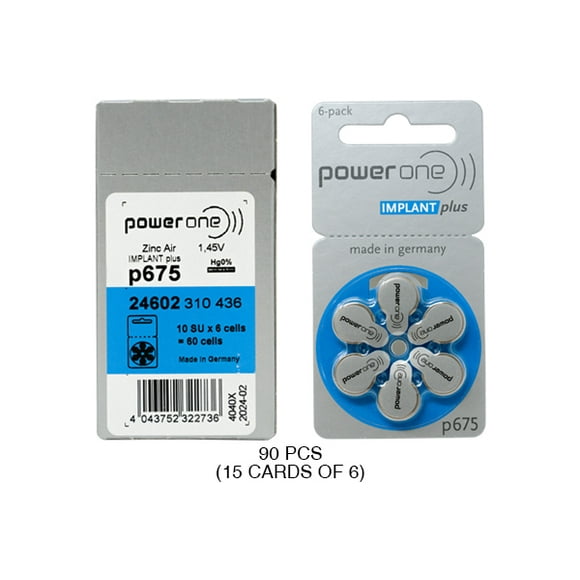 90 x Size p675 PowerOne IMPLANT Plus Cochlear Hearing Aid Batteries Designed especially for cochlear implant sound processors and high power hearing aids.