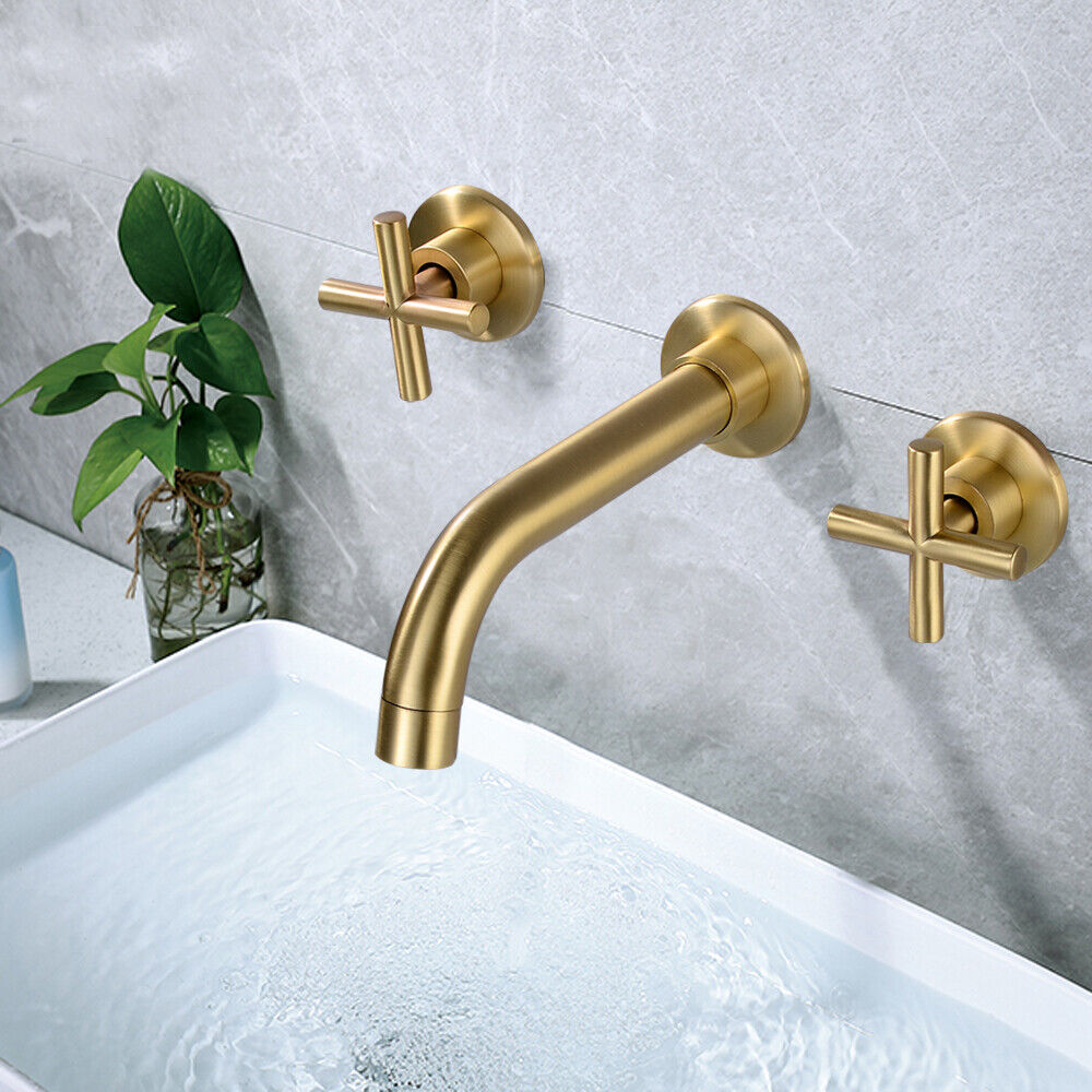 Bathroom Faucet Wall Mounted Brass Sink Brass Mixer 2-Handles Tap 3-Hole Gold