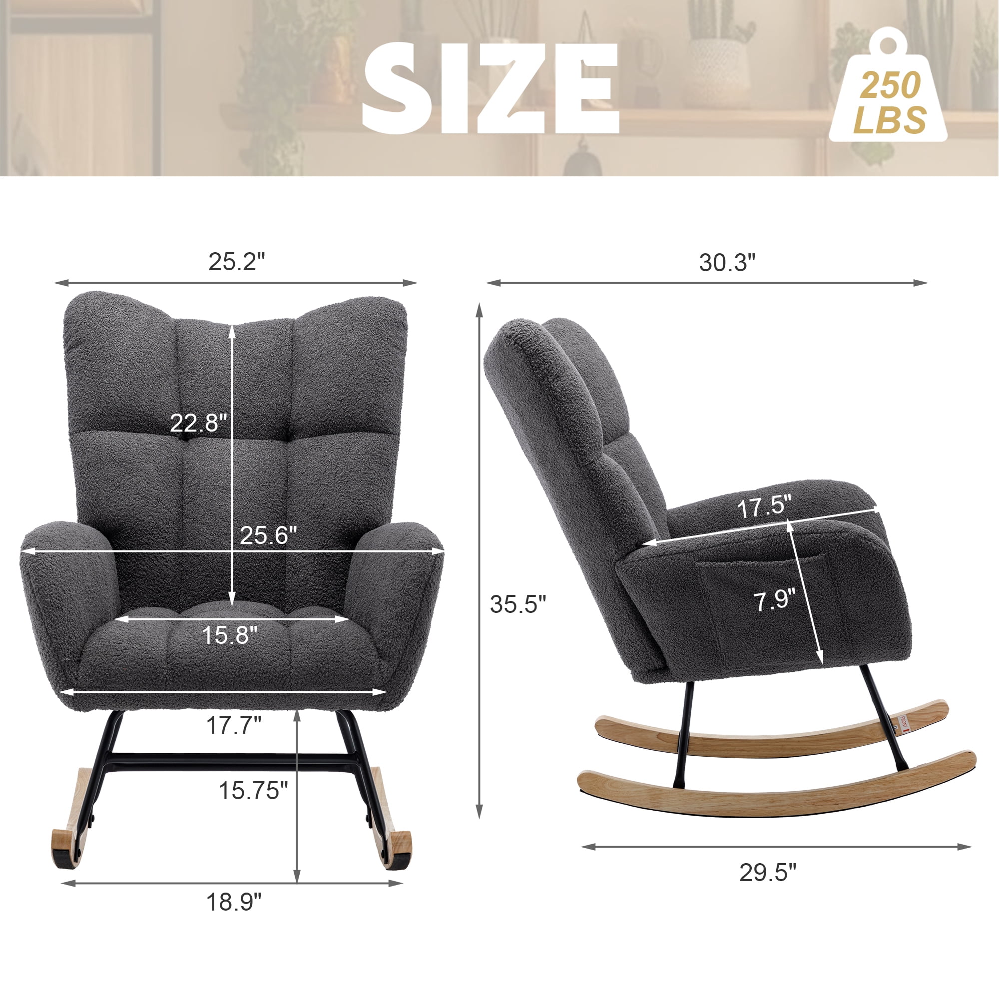 Teddy Fabric Wingback Glider Rocker with Side Storage Pocket, Soft Comfy Nursing Rocking Chair, Sturdy Safe Solid Wood Base, Multiuse Accent Chair for Nursery & Living Room,Grey