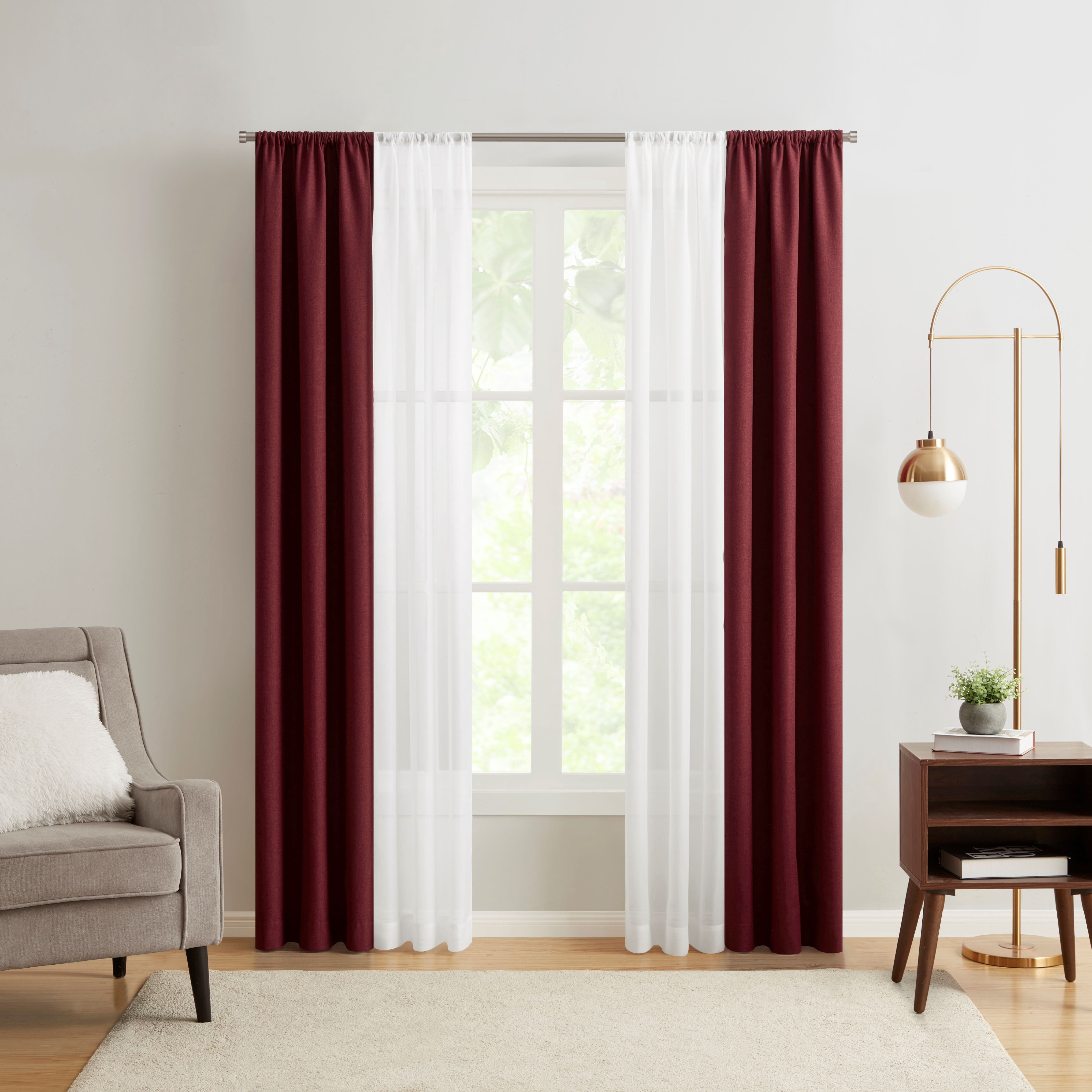 Mainstays Solid Twill Blackout Curtain Panel and Sheers, Set of 4, Merlot, 27.5" W x 84" L