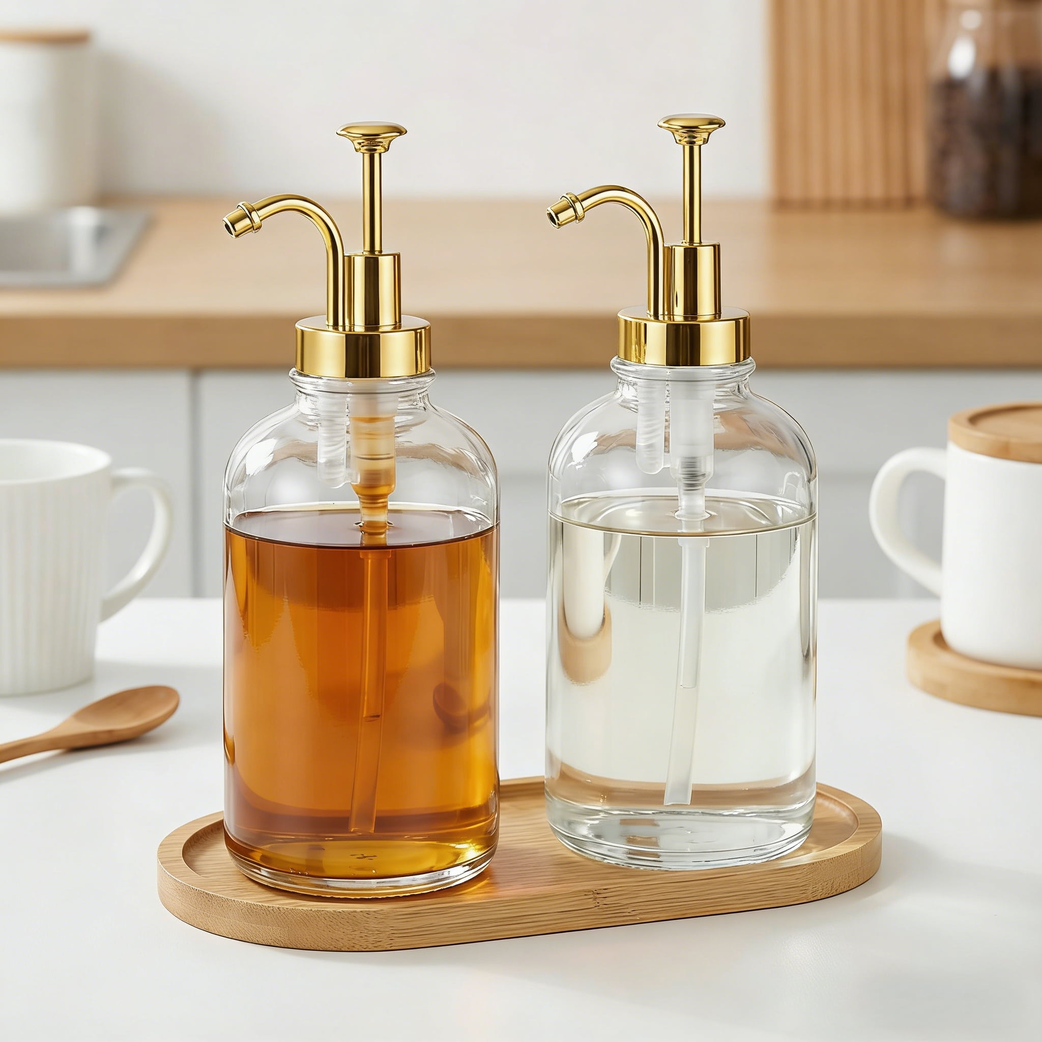 Coffee Bar Accessories, Coffee Syrup Dispenser - 2pack, Bring a Tray16.9oz Syrup Dispenser with Labels,Syrup Pump Dispenser for Coffee Bar(Gold pump)