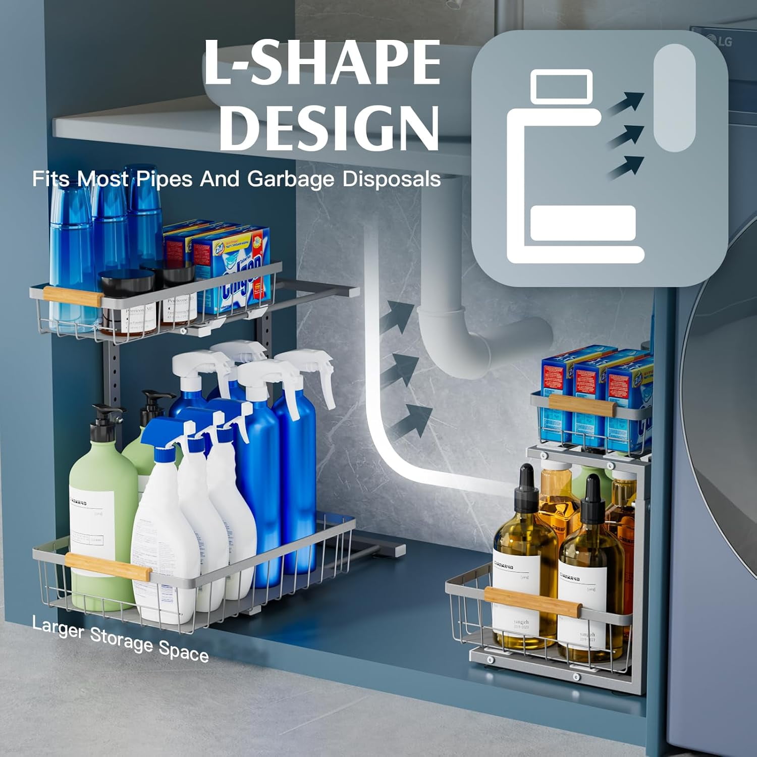Under Sink Organizers and Storage, 2 Pack Under Kitchen Bathroom Cabinet Organizer, 2 tier pull out cabinet organizer, Adjustable Height Kitchen Cabinet Organizers and Storage, Gray