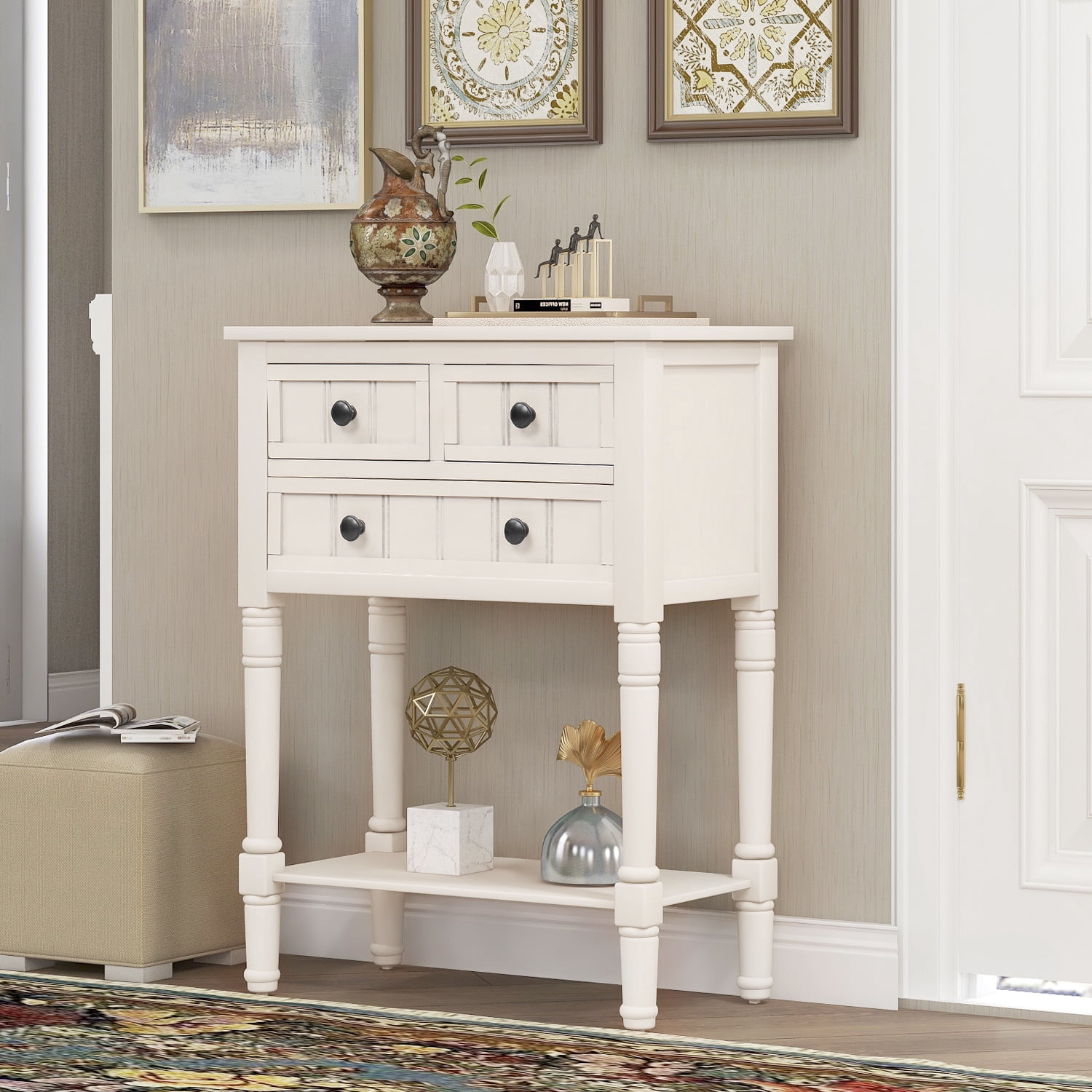 EUROCO 23" Narrow Console Table Sofa Table, Wood Table with 3 Storage Drawers and Bottom Shelf for Living Room, Easy Assembly, Ivory
