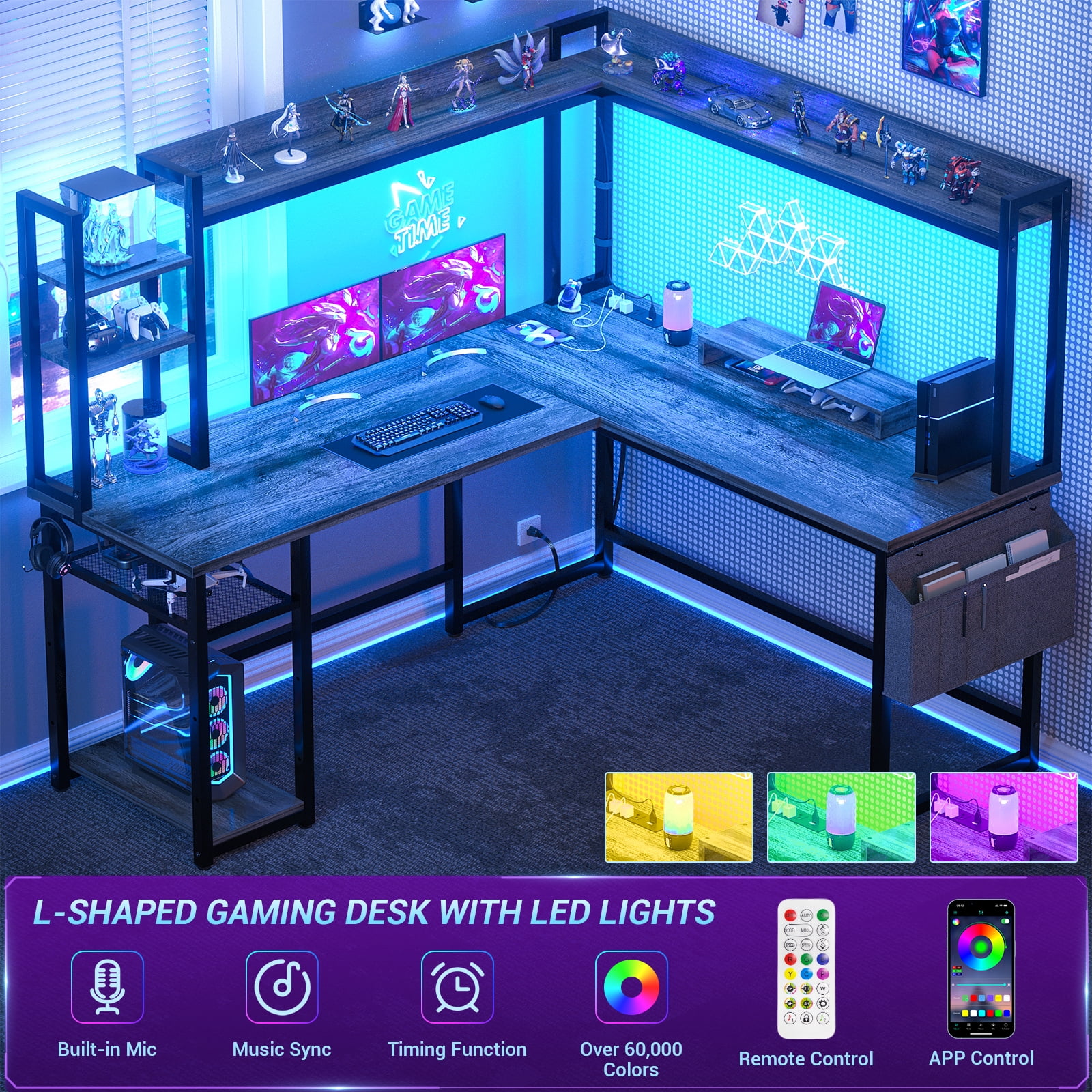 Homieasy L Shaped Desk with Power Outlet and LED lights, Reversible Corner Computer Desk with Hutch and Storage Shelf, Ergonomic L-Shaped Gaming Desk with Monitor Stand for Home Office, Black Oak