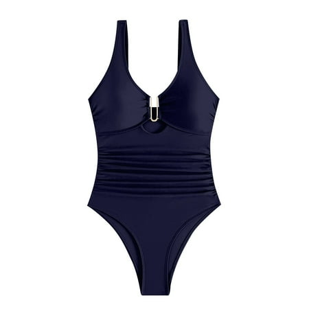 Huankd Women s Tummy Control Swimsuits Ruched Slimming One Piece Bathing Suit Deep V Neck Swimsuit Dark Blue L