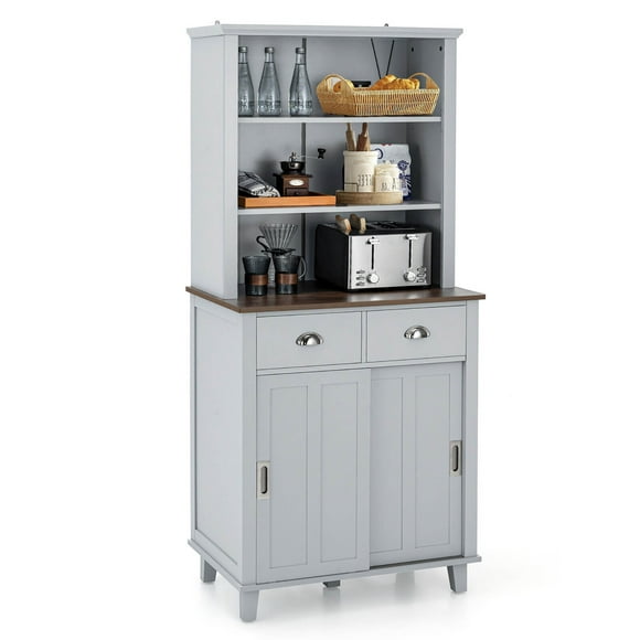 Gymax Freestanding Buffet Hutch Kitchen Pantry Storage Cabinet w/ Sliding Doors Grey