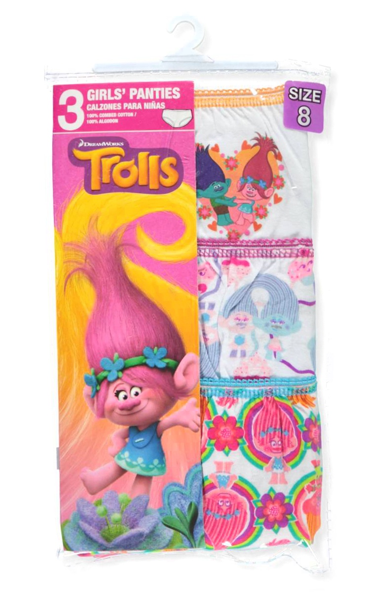 Dreamworks Trolls 3-Pack Girl Panties Underwear Poppy Branch Guy Diamond Satin & Chenille