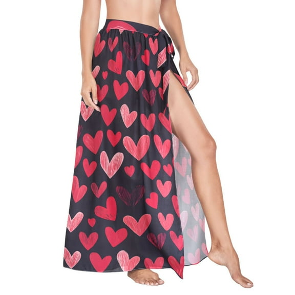Women Sarong Wraps Red Hearts on Black Swimsuit Beach Pareo Bikini Coverups Skirt M