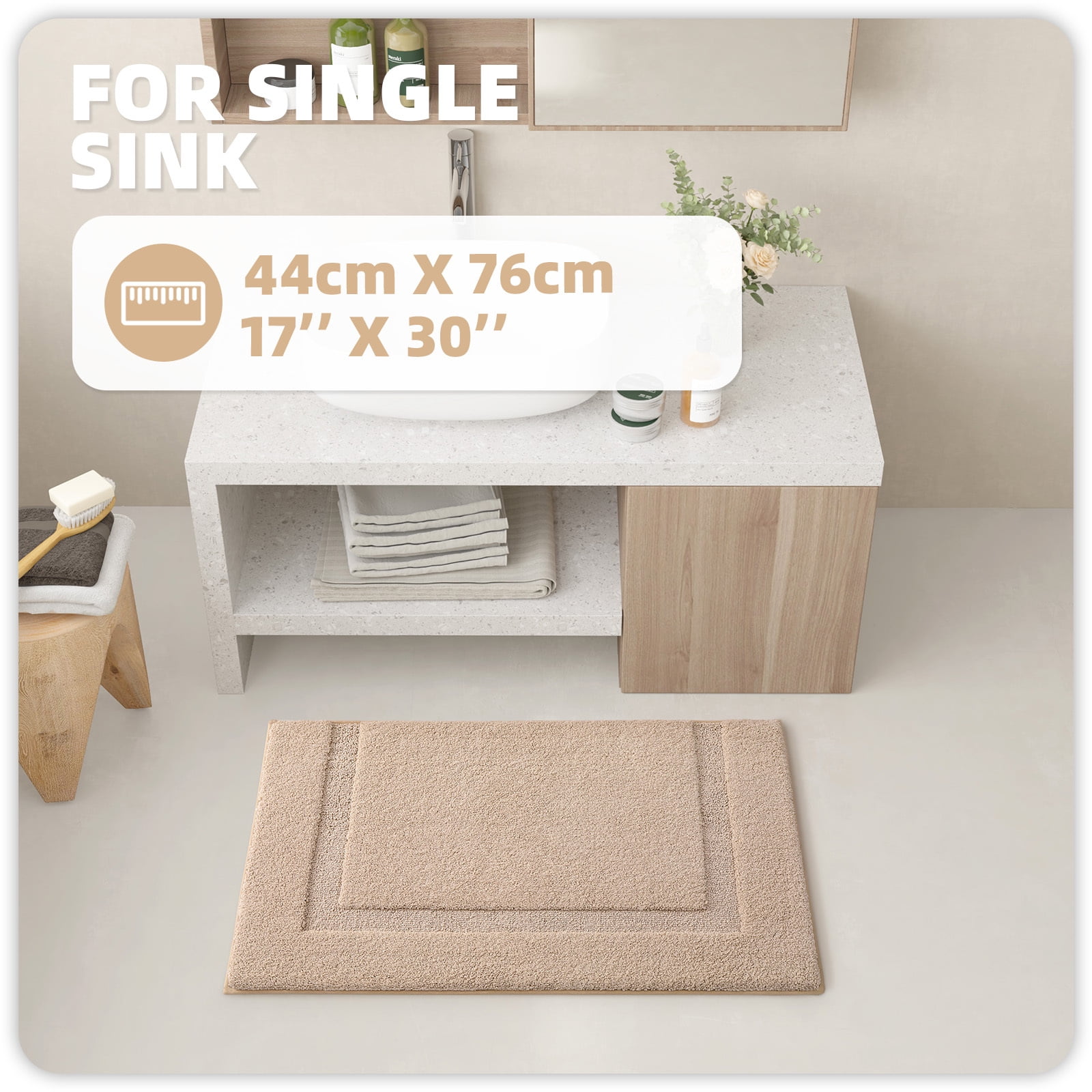 PABUBE Traditional Soft Khaki Microfiber Shag Bath Mat, 17"x30", Non-Slip and Absorbent Bathroom Rug for Bathroom Floor, Quick Dry, Machine Washable