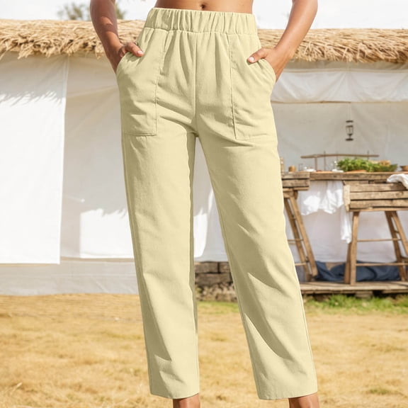 Womens Stretch Pants Elastic Waist Loose Casual Straight Leg Trousers with Pockets