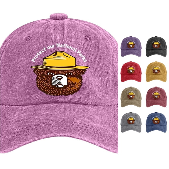 XFeng Protect Our National Parks Smokey Bear Print Baseball Cap, Vintage Washed Black Adjustable Outdoor Nature Dad Hat