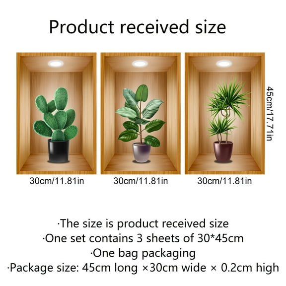 3 Pack 3D Green Plants Wall Decals, 3D Green Pot Plant Succulent Wall Stickers for Sofa Background Bedroom Living Room Kitchen