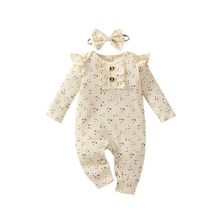 

Frobukio Baby Girls Romper Outfits Long Sleeve Floral Printed Ruffles O-Neck Jumpsuit + Bow-Knot Headband Set Apricot 6-12 Months