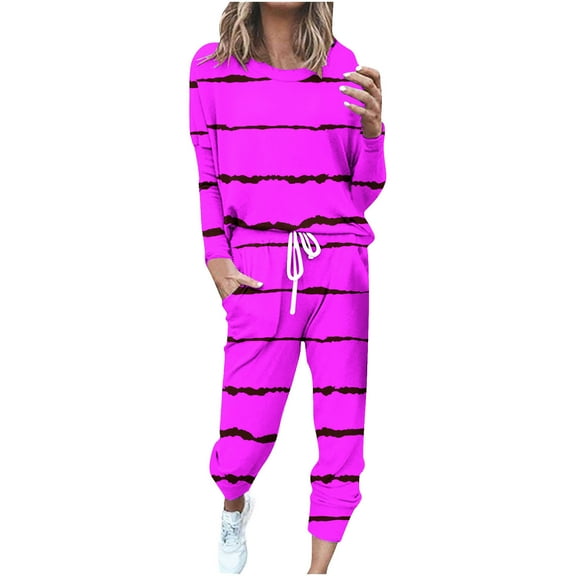 GigrtiJin Two Piece Sets for Women Fall Long Sleeve Crewneck Shirts and Drawstring Sweatpants Plus Size Stripes Clothes