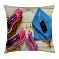 thumbnail image 1 of Fitness Throw Pillow Cushion Cover, Gymnasium Theme Women's Running Shoes and Dumbbells Equipment for Training Image, Decorative Square Accent Pillow Case, 18 X 18 Inches, Multicolor, by Ambesonne, 1 of 2