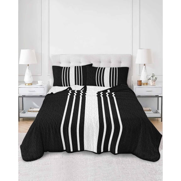 Quilts King Size, Black White Stripe Soft Comforter Bedding Set for Bed, Modern Rustic Vertical Striped Lightweight Quilted Bedspread with Pillow Cover(2 Pieces) for All Season, 96x106 Inch