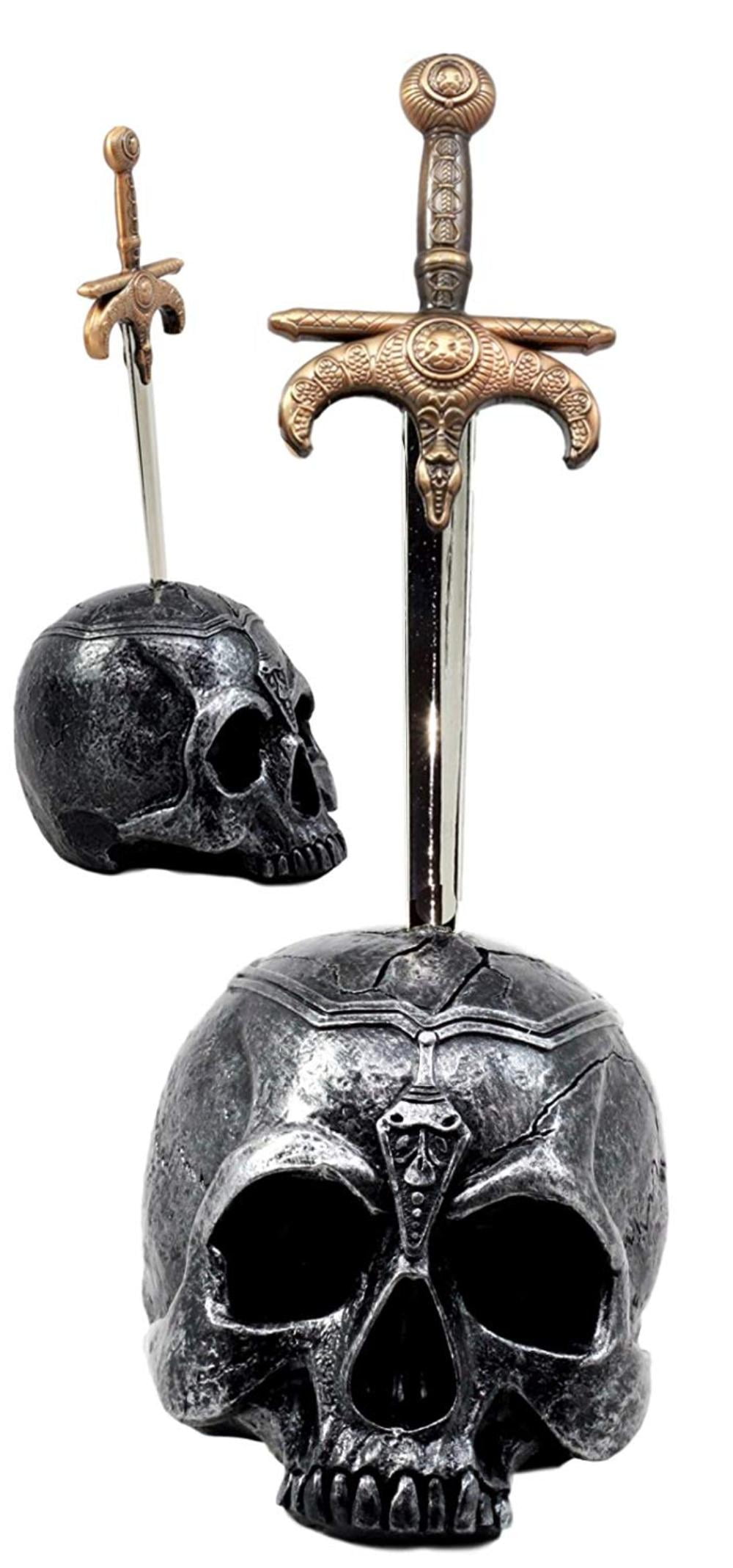 Pewter Skeleton Skull Highly Detailed Dagger Sword Figurine Letter Opener 8-3/4” 