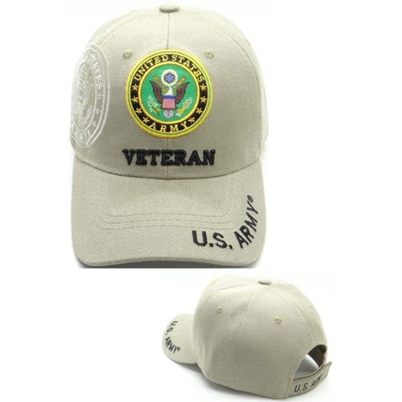US Military Army Veteran Emblem on Side Khaki Adjustable Baseball Hat Cap