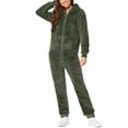 thumbnail image 3 of BiZtdJrK Womens Zipper Fuzzy Pajama Jumpsuit with Drawstring Hood Winter Warm Fleece One Piece Sleep Pants Casual Loose Pocket Loungewear, Army Green, XXL, 3 of 7