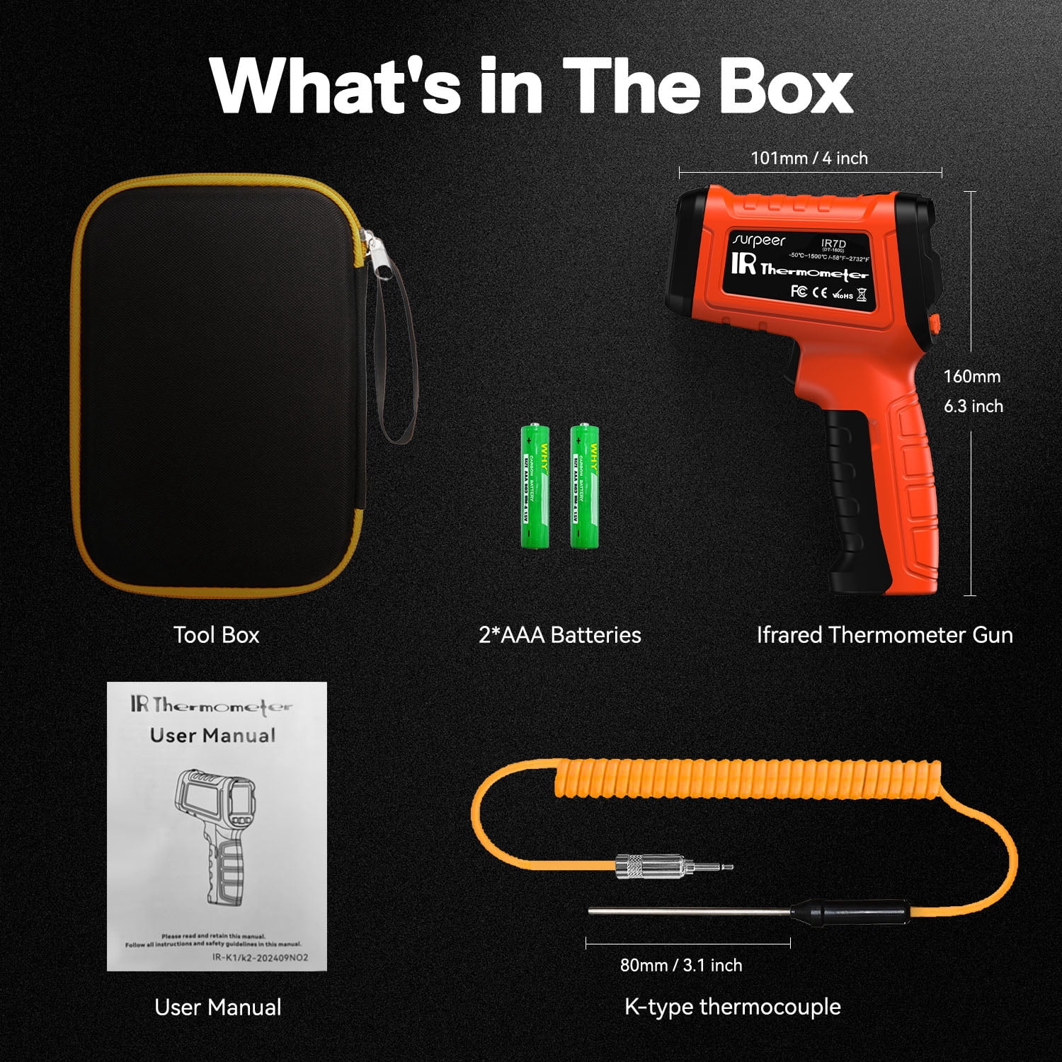 50:1 Infrared Thermometer Gun -58°F to 2732°F with K-Type Probe, High-Temp Laser ，Humidity Display