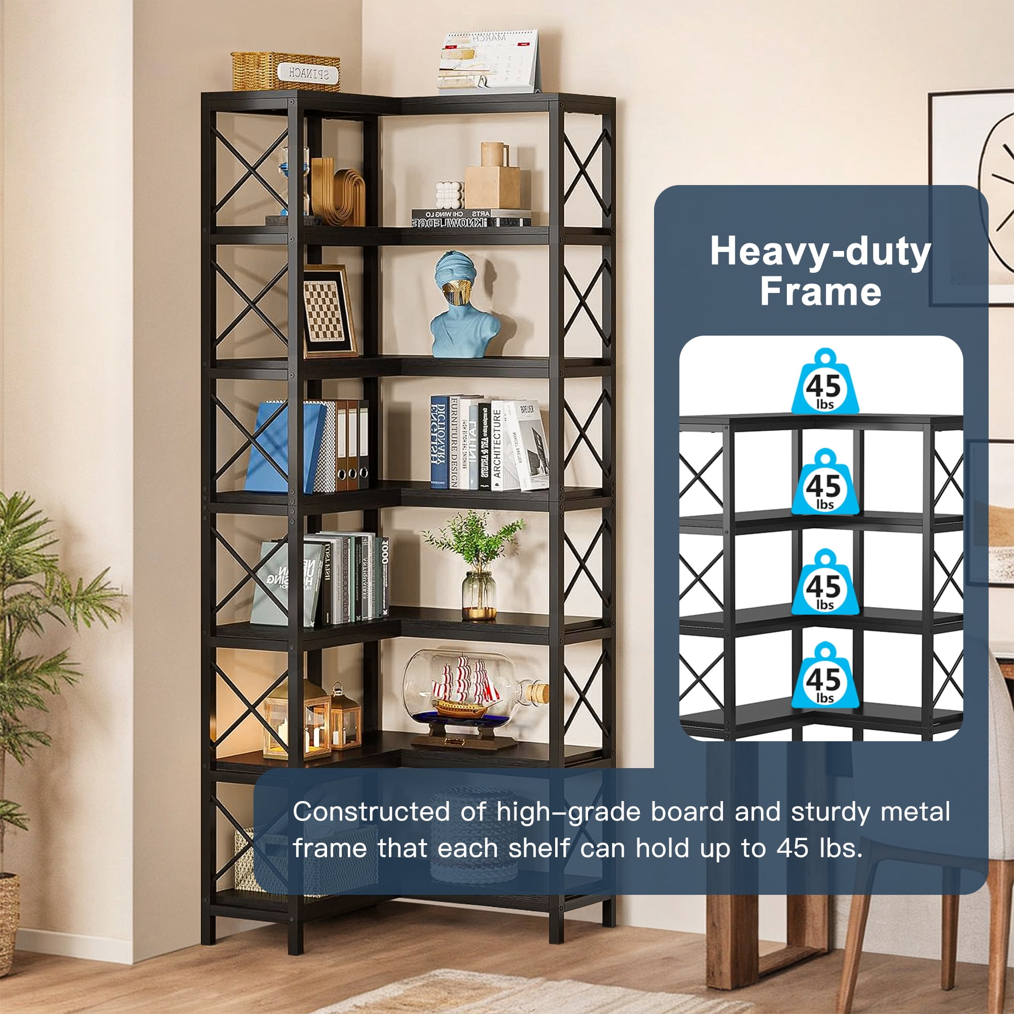 Demi Bonn 7 Tier Corner Bookshelf, Bookshelves, Open Etagere Bookcase Shelf Storage Organizer, Storage Shelving Unit for Bedroom, Living Room and Home Office, Black