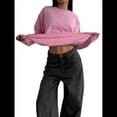 thumbnail image 3 of Camisetas de Larga Extragrandes para Mujer, Camisetas Básicas de Cuello Redondo, Tops de Otoño, Ropa Informal de Entrenamiento Y2K. Rosa S, 3 of 10