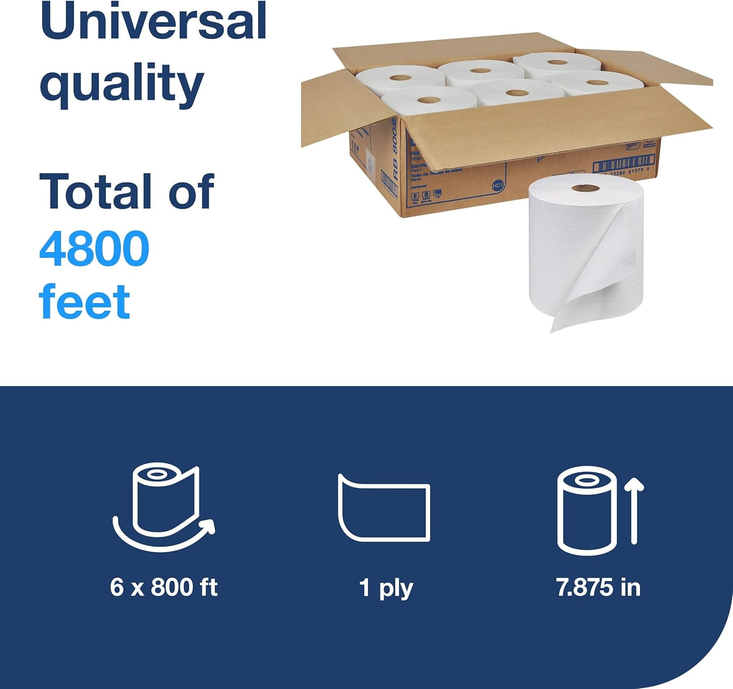 Tork Universal Hand Towel Roll 7.88" x 800 ft, White, 6 Rolls/Carton