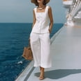 thumbnail image 3 of ibuvkizy Womens Two Piece Sets Linen Square Neck Sleeveless Button Front Tank Tops and High Waist Wide Leg Cropped Capri Pants with Pockets,Coastal Minimal Vacation Matching Outfits Sets, 3 of 7
