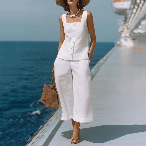Cagogo Women's Square Neck Sleeveless 2 Piece Set Solid Casual Cruise Outfits Loose Elegant Vacation Matching Lounge Pants Tracksuits Travel Airport Clothes, White XL