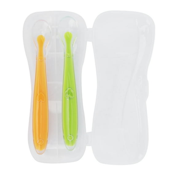 2Pcs Silicone Baby Spoons Soft Tip Spoons for Babies Over 4 Months Old with Box First Stage Silicone Self Feeding Training Spoons (Yellow and Green)