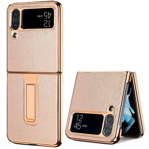 ELEHOLD for Samsung Galaxy Z Flip5 Plating Case, with Hidden Foldable Kickstand Slim PU Leather Shockproof Anti-Scratch Case for Samsung Galaxy Z Flip5 6.7 inch,Rosegold