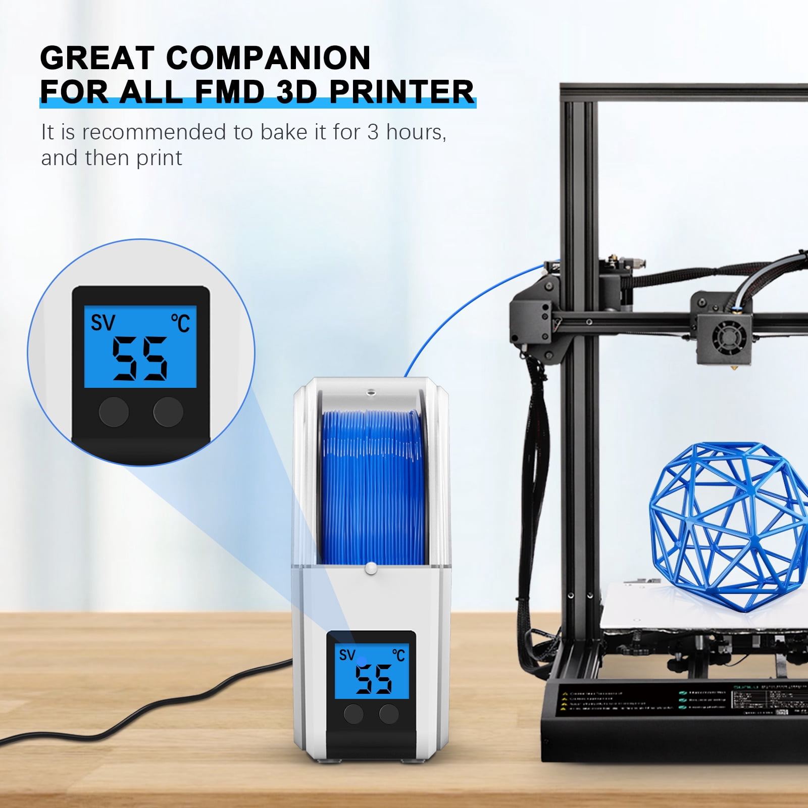 SUNLU Filament Dryer with Circulation Fan, 3D Printer Filament Dry Box, Filament Dehydrator Spool Holder, Max temp 55 ℃, S1 Plus White