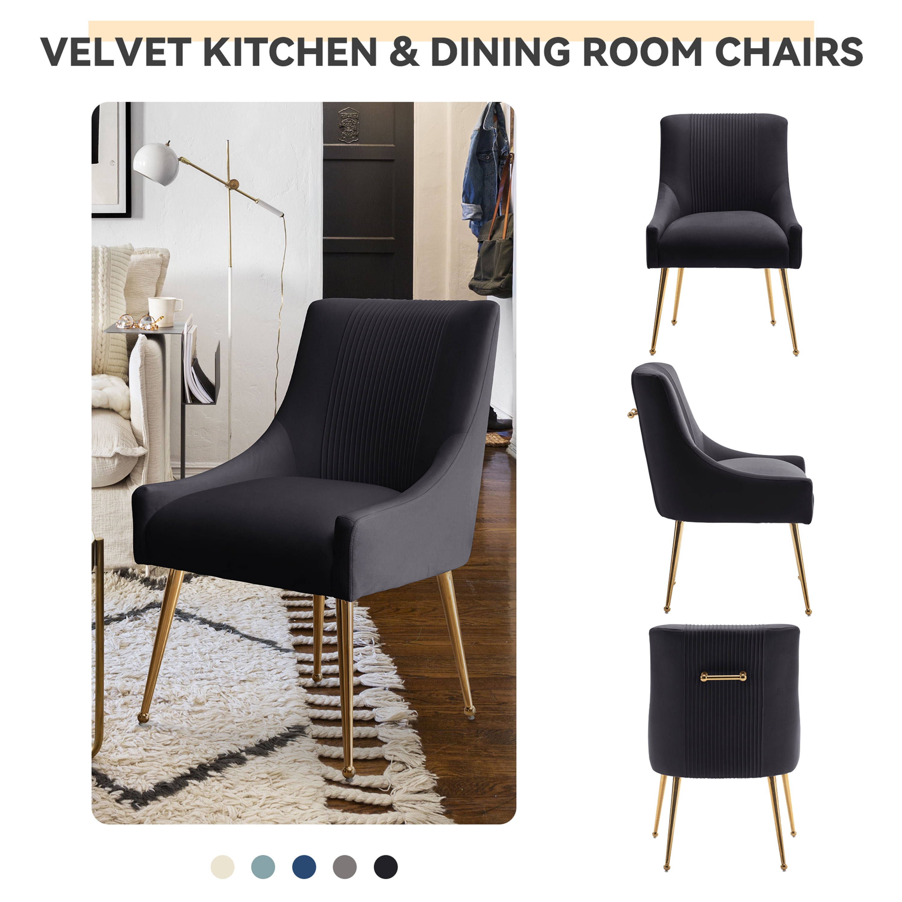 SEYNAR Modern Velvet Dining Chairs Set of 6, Upholstered Barrel Pleated Side Accent Chair for Bedroom,Living Room（Black）