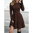 thumbnail image 4 of Womens Long Sleeve Fall Dresses with Flowy Casual Ribbed Knit Crew Neck Knee Length Sweater Dress Brown XL, 4 of 8