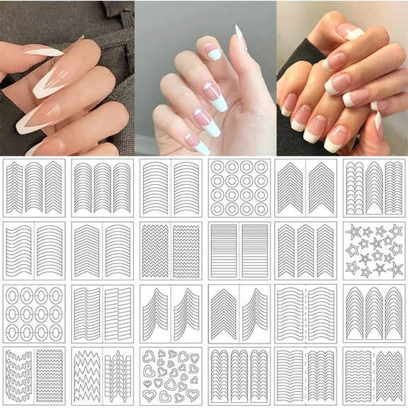 NOGIS French Tip Nail Guides Stickers Self-Adhesive French Manicure Strips for Edge Auxiliary Stickers DIY Nail Stencil Tools (32 Design, 24 Sheets, 712 Pieces)