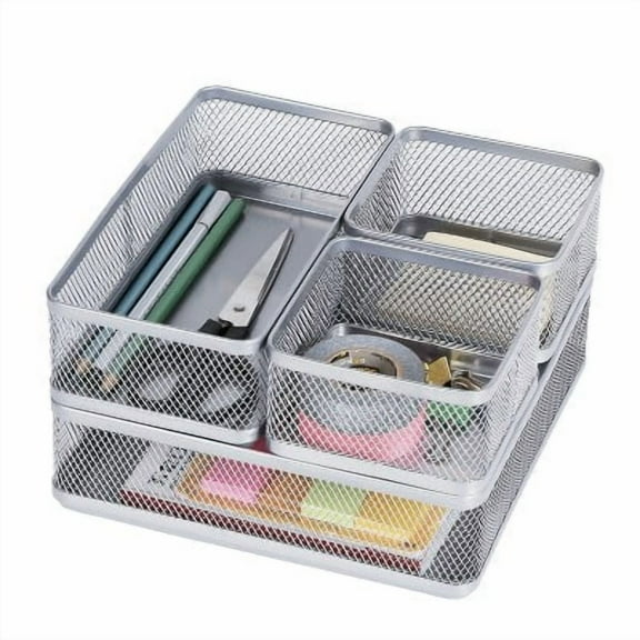 Mesh Desk Organizer Silver - Steel Office Supplies, Desk Drawer Organizer, 8"x8"x4.5"