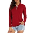 thumbnail image 5 of WTOBBY Women's Casual T-Shirt Top with Zipper Neck and Long Sleeves, Solid Color Fashion Design for Comfort, Perfect for Relaxed Wear and Easy Styling,Red M, 5 of 5