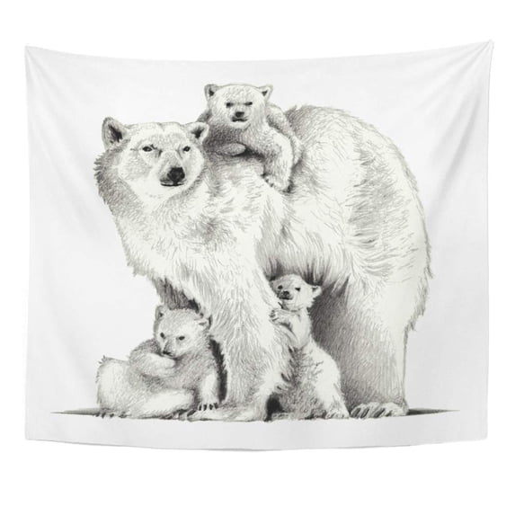 UFAEZU Polar Bear Three Cubs Pencil Sketch Family Wall Art Hanging Tapestry Home Decor for Living Room Bedroom Dorm 51x60 inch