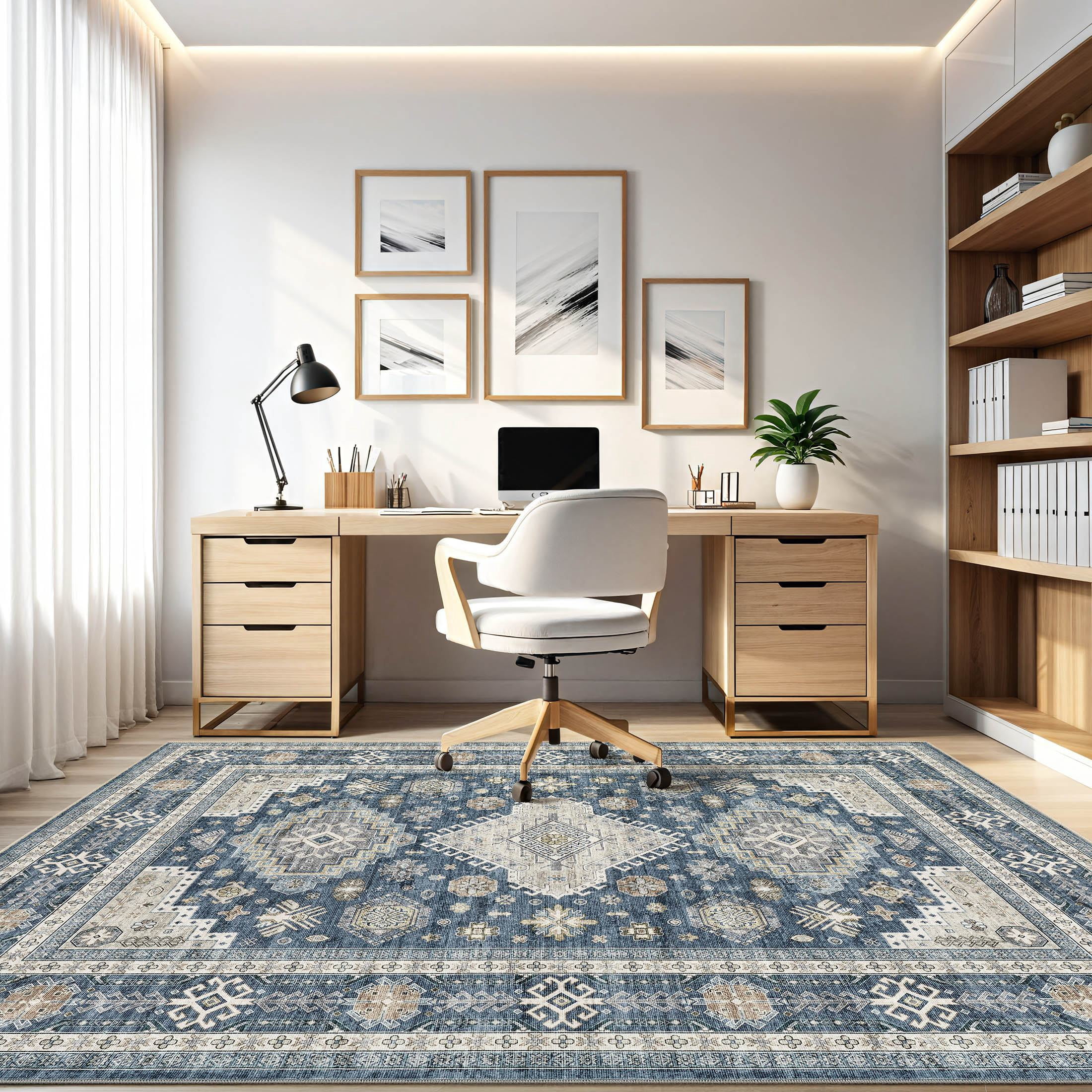 UERMEI 6'x9' Washable Area Rugs for Living Room, Modern and Vintage Non Slip Carpet, Low Pile Indoor Rug for Bedroom Home Decor Carpets, Blue