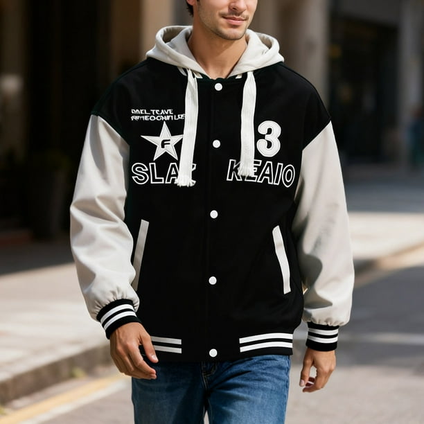 MHFRRA Chaqueta Deportiva Informal de Manga Larga con Capucha y Cuello de Solapa para Hombre, Estilo Urbano con Bloques de Color y Otoño Negro