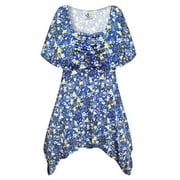 Medium Petite Womens Short Sleeve Casual Royal Blue Floral Dressed Up Babydoll Tops Rouched Peplum Eclectic T-Shirts