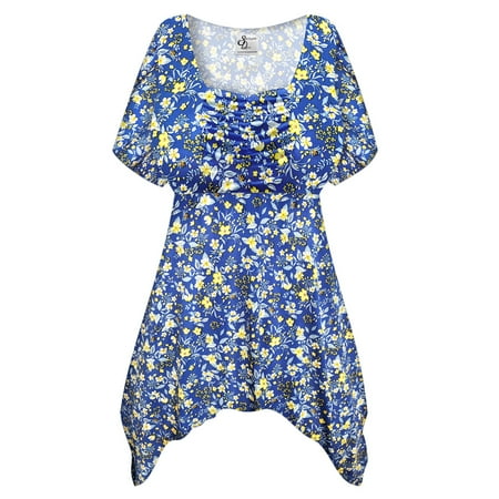 Medium Petite Womens Short Sleeve Casual Royal Blue Floral Dressed Up Babydoll Tops Rouched Peplum Eclectic T-Shirts