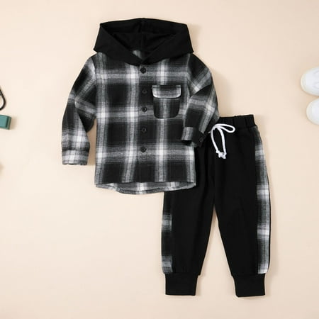 

XBASW Toddler Baby Boys Flannel Button down Hoodie Shirt Tops + Jogger Pants Fall Winter 2PCS Outfits Set 12M-5T