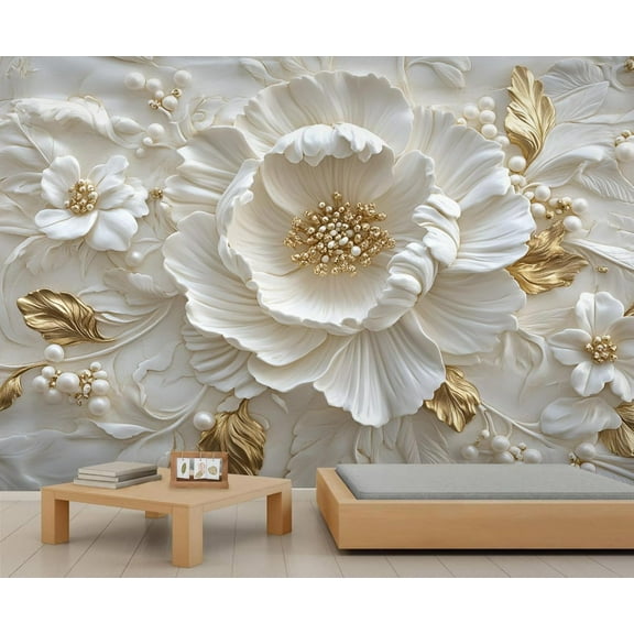 Nordic Stereo Relief White Flowers Wall Mural, Luxury Gold Leaf 3D Wallpaper Mural, Modern Art Wall Murals Wallpaper For Woman Bedroom Bedside Living Room 59"W x 39.4"H (Not Peel and Stick)