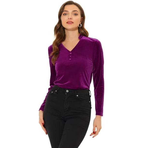 Blusa casual de manga larga con cuello en V de terciopelo para mujer Allegra K Púrpura S